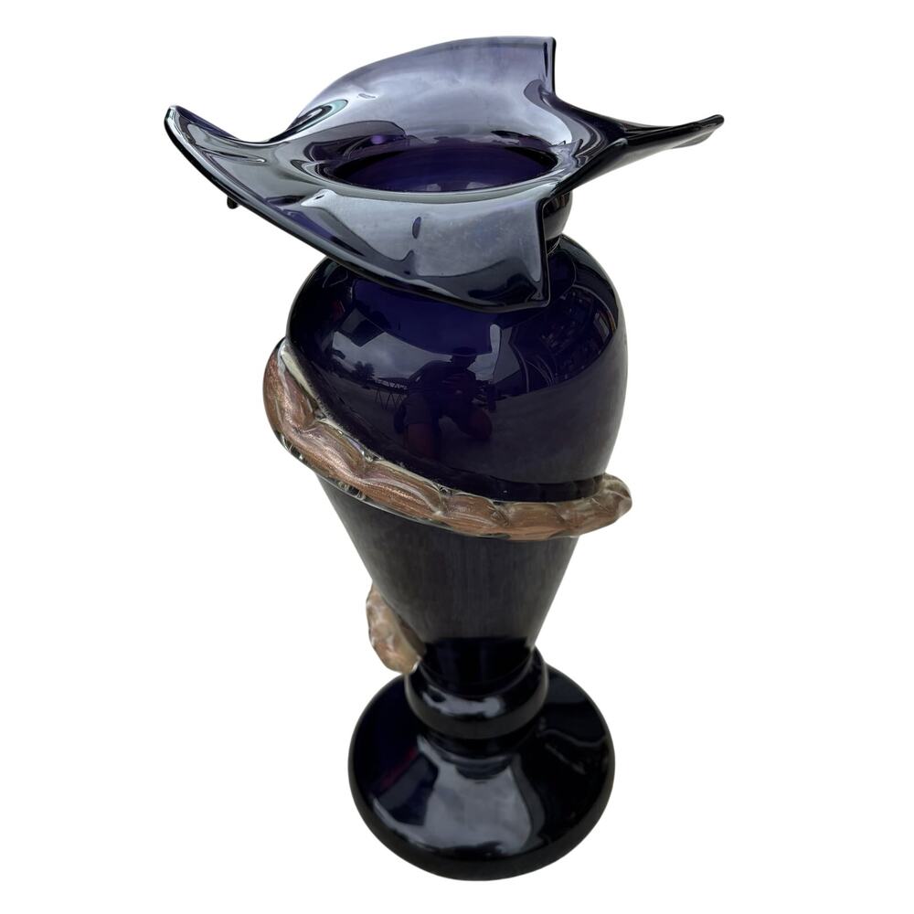 Blenko Cobalt Glass Bodice with a Swirling lobe form of copper tone Vase 16”
